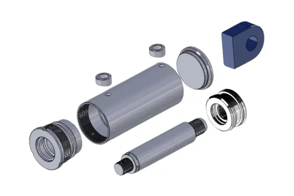 Exploded view of a double-acting hydraulic cylinder